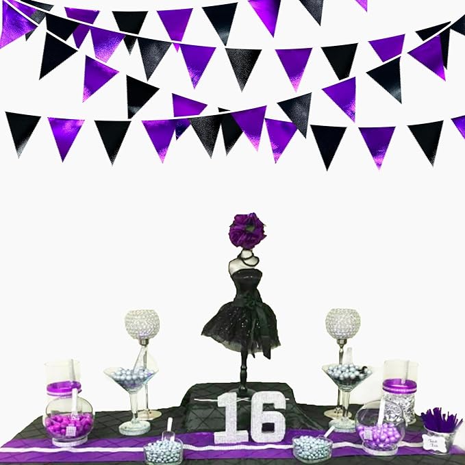 Purple and Black Party Decorations Metallic Fabric Triangle Pennant Banner Flag Bunting Garland for Graduations Birthday Retirement Wedding Baby Shower Bachelorette Halloween Outdoor Party Supplies-VerdiqueGarden