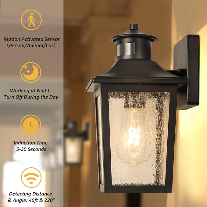 2 Packs Motion Sensor Outdoor Wall Lights - Black Dusk to Dawn Outdoor Lighting, LED Waterproof Exterior Garage Light Fixture, Modern Porch Light Outside Wall Mount for Front Door, House, Anti-Rust-VerdiqueGarden