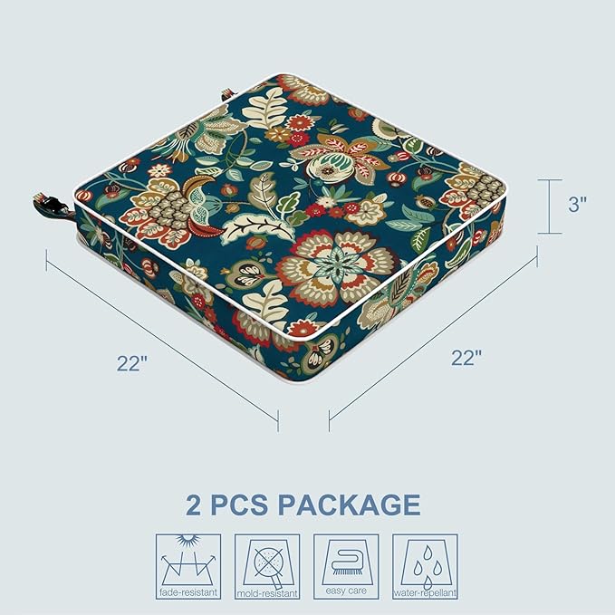 LVTXIII Patio Chair Cushions 22"x22"x3", Water-Repellent Outdoor Seat Cushions for Patio Furniture, Square Chair Pads with Ties for Home Garden Decoration, Set of 2, Peacock Blue-VerdiqueGarden