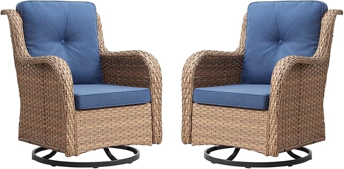 Outdoor Patio Swivel Rocker Chairs - Wicker Rattan Patio Swivel Rocking Chairs Set of 2 with High Back,Deep Seating and Comfort Cushions for Deck Porch Garden,Yellow/Blue-VerdiqueGarden