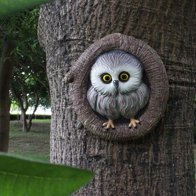 Owl Tree Hugger Whimsical Tree Sculpture Garden Statues Outdoor Tree Face Decor Garden Peeker Yard Art Decorations (Singel Owl)-VerdiqueGarden