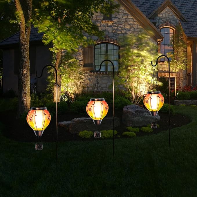 Starsoul Dragonfly Hot Air Balloon Solar Lantern Outdoor Glass Hanging Hot Air Balloon Lantern with Flame Light Waterproof for Patio Pathway Yard Porch Backyard Decor-VerdiqueGarden
