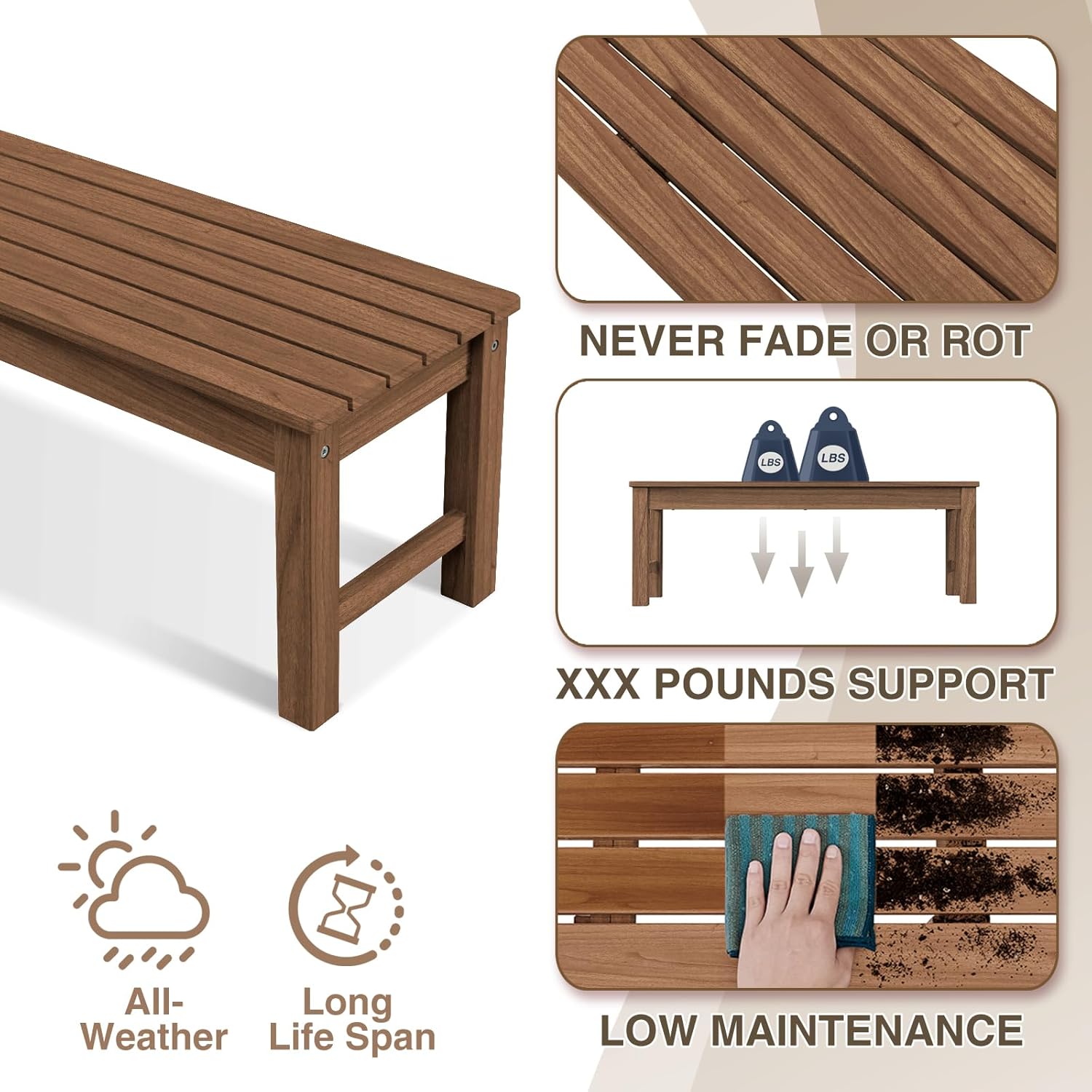 Psilvam 2-Person Outdoor Poly Lumber Patio Backless Bench, Fade-Resistant & Odor-Free Poly Lumber Patio Furniture, Weatherproof, Suitable for Garden, Porch and Park, 700 Lbs Support (1, Light Brown)-VerdiqueGarden