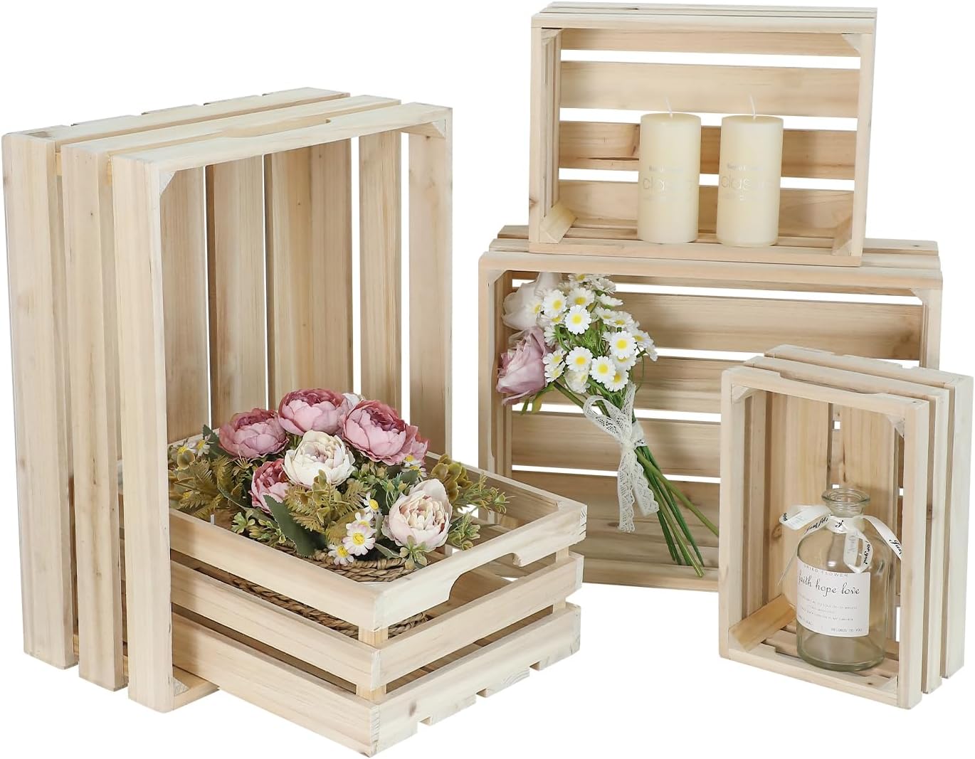 Wooden Crates, Unfinished Set of 5 Large Wood Crates with Handles, Rustic Farmhouse Wooden Crate for Decor, Wedding Birthday Home Party Living Room Kitchen Decoration-VerdiqueGarden