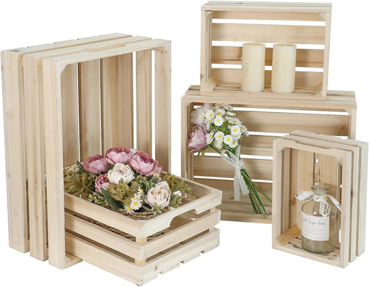 Wooden Crates, Unfinished Set of 5 Large Wood Crates with Handles, Rustic Farmhouse Wooden Crate for Decor, Wedding Birthday Home Party Living Room Kitchen Decoration-VerdiqueGarden