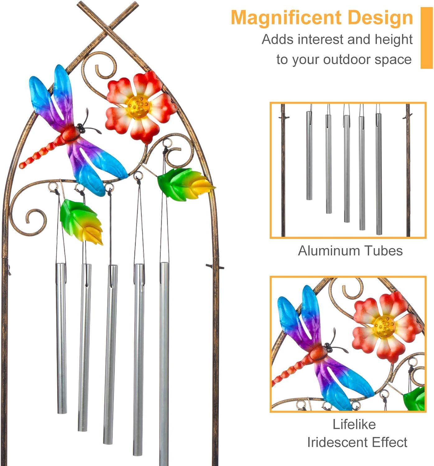 Garden Trellis with Plant Stands, 48” Metal Detachable Dragonfly Plant Pot Trellis with Wind Chimes for Climbing Plants Outdoor Lawn Patio Porches Decor-VerdiqueGarden