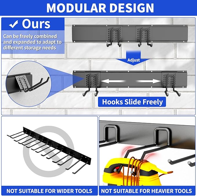 Garage Organization Tool Organizer Wall Mount, 48inch Heavy Duty Garden Tool organizer Storage System, Easy Install With 7 Adjustable Hooks, For Garage, Basement, Shed, Workshop(Black)-VerdiqueGarden