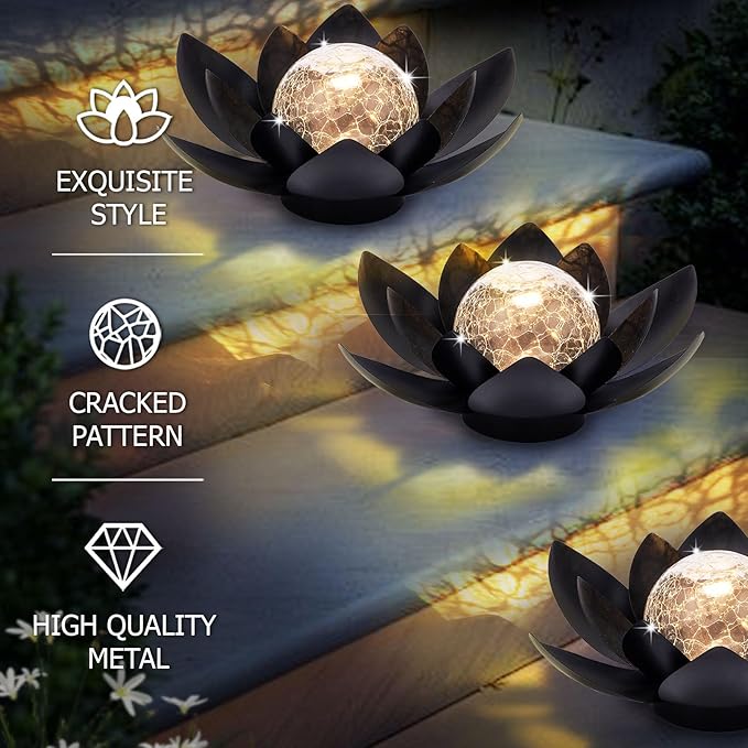 Huaxu Solar Lights Outdoor Garden Decor Metal Black Lotus Decoration, Crackle Globe Glass Waterproof LED Outside Table Lamp for Patio,Lawn, Yard,Walkway,Tabletop,Ground Gifts for Mom-VerdiqueGarden