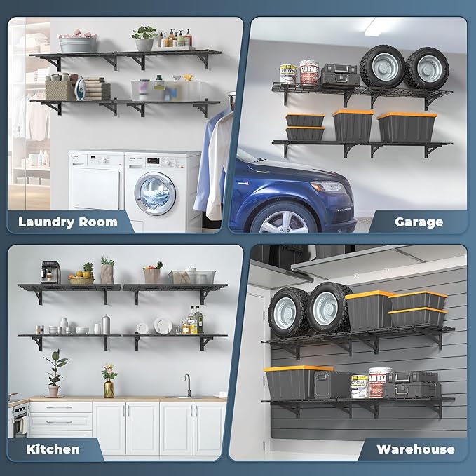 4 Pack Heavy Duty Garage Wall Shelving Set (1.5x4ft), Wall Mounted Garage Shelves 1000lbs Capacity, 18"x96" Shelf Storage Rack Floating Shelves, Black-VerdiqueGarden