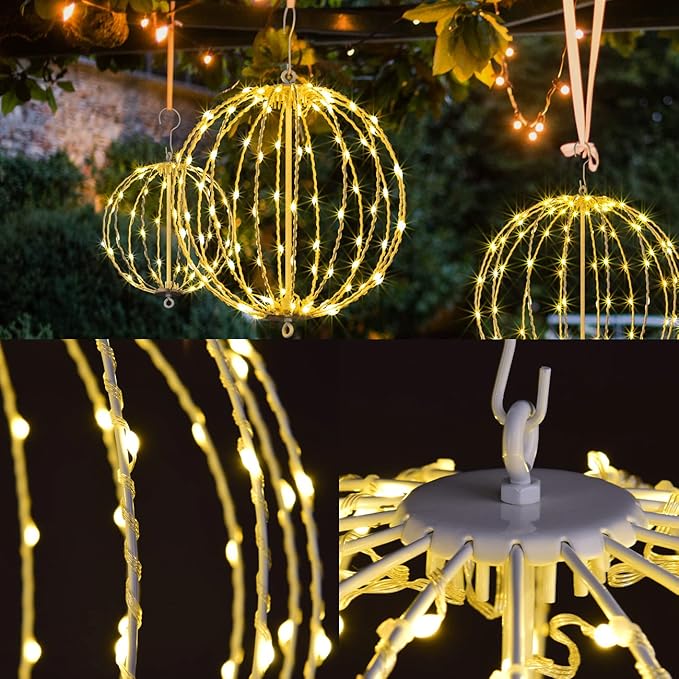 Hotelstar 96LED Foldable Light Sphere - 12IN Hanging, Pathway & Tree Light with Hook & Stake for Outdoor Garden, UL Listed, White Metal Frame, Warm White Light-VerdiqueGarden