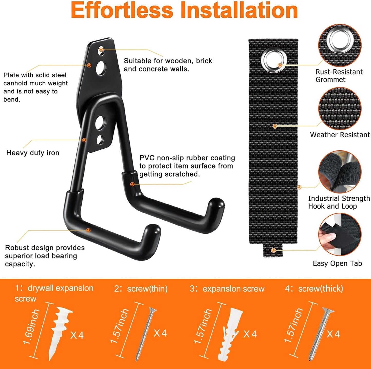 Heavy Duty Garage Hooks 4 Pack, 7.7 inch U Shaped Long Hanger, with 2 Extension Cord Holder Organizer, Wall Mounted Storage System, for Power and Garden Tool Hanging， Ladders, Bikes, Hose-VerdiqueGarden