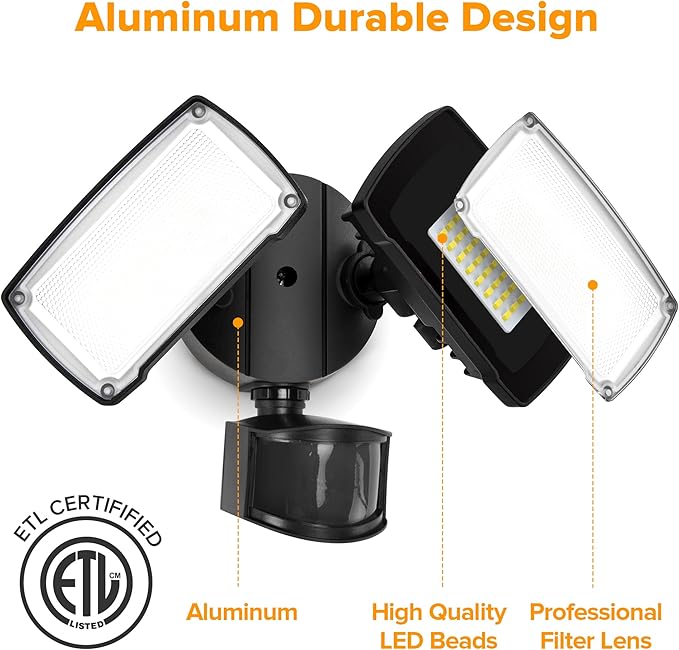 LUTEC 38W 3500 Lumen LED Motion Activated Integrated Dual-Head Floodlight Outdoor with Motion Sensor, 5000K Daylight, Dusk to Dawn, Exterior Security Wall Light for Patio, Garden, Yard(Black)-VerdiqueGarden
