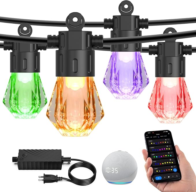 XMCOSY+ 96FT Smart Outdoor String Lights - RGBCWIC Dimmable Acrylic Bulbs, Color Changing LED Patio Lights APP WiFi Control, Compatible with Alexa, IP65 Waterproof Outdoor Lights for Backyard Porch-VerdiqueGarden