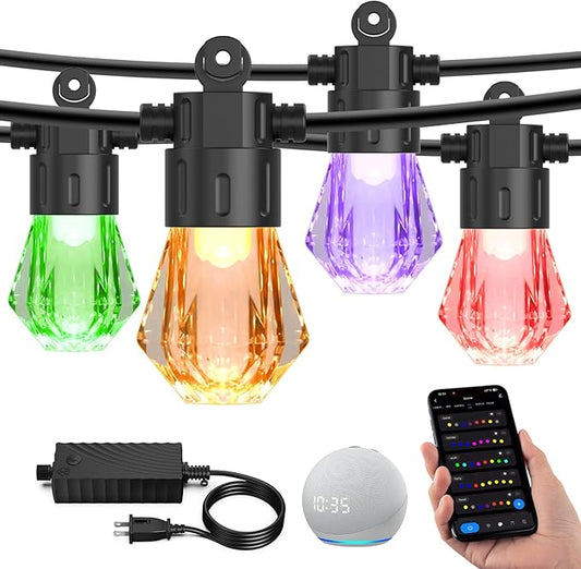 XMCOSY+ 96FT Smart Outdoor String Lights - RGBCWIC Dimmable Acrylic Bulbs, Color Changing LED Patio Lights APP WiFi Control, Compatible with Alexa, IP65 Waterproof Outdoor Lights for Backyard Porch-VerdiqueGarden