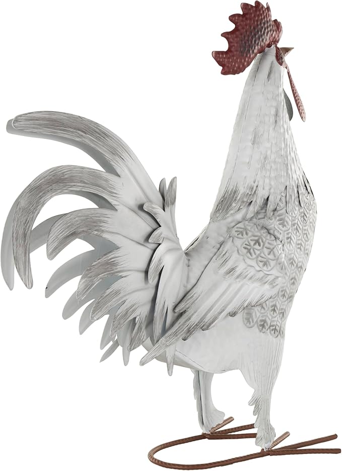 Deco 79 Metal Rooster Decorative Garden Sculpture Garden Statue with Black Texturing and Red Accents, Outdoor Sculpture 15" x 6" x 18", White-VerdiqueGarden