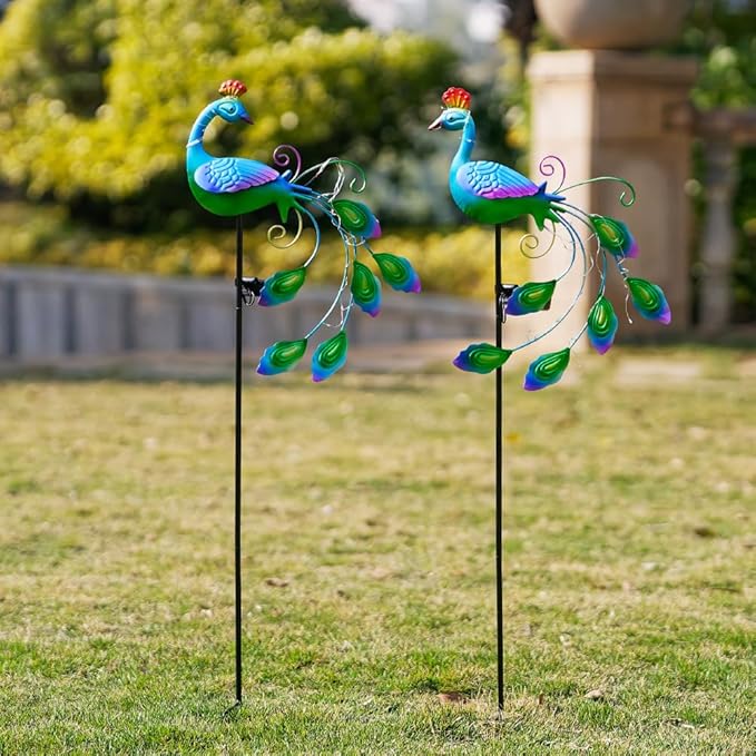 DREAMSOUL 2 Pack Peacock Solar Lights Outdoor Waterproof, Metal Outdoor Solar Lights for Yard Garden Peacock Decor-VerdiqueGarden