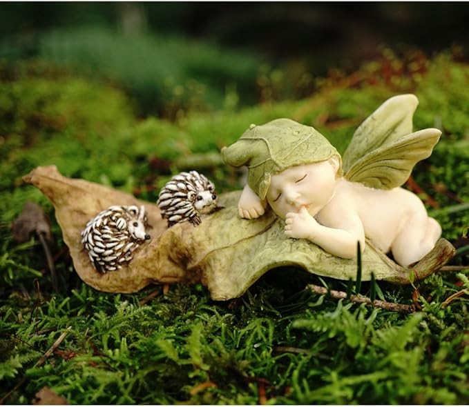 Top Collection Miniature Fairy Garden and Terrarium Statue, Sleeping Fairy Baby with Hedgehogs-VerdiqueGarden
