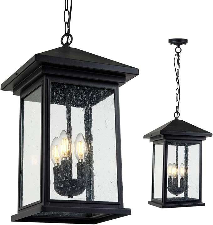 Classic Outdoor Hanging Lantern – Weather-Resistant, Stylish, Matte Black Finish, Clear Seeded Glass and Functional, Extra Large Size-VerdiqueGarden
