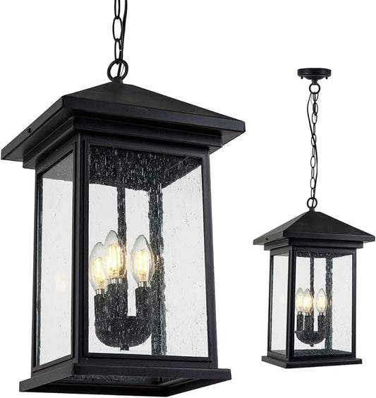 Classic Outdoor Hanging Lantern – Weather-Resistant, Stylish, Matte Black Finish, Clear Seeded Glass and Functional, Extra Large Size-VerdiqueGarden