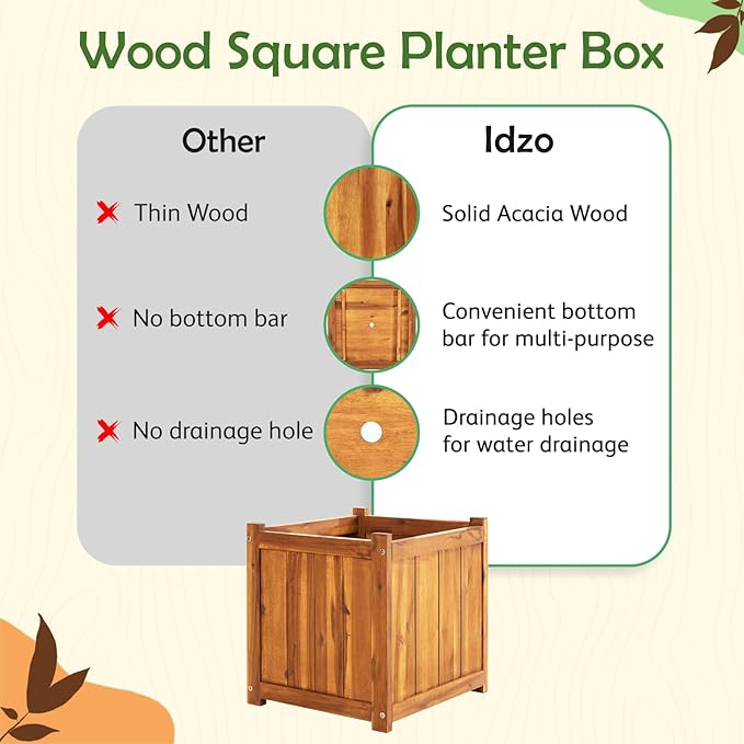 Idzo Set of 2 Hardwood Outdoor Flower Box, Durable Acacia Wood Flower Boxes for Outdoor Plants with Ergonomic Handles, Drainage Holes, Multiple Sizes Wood Bucket Planter for Home Décor-VerdiqueGarden