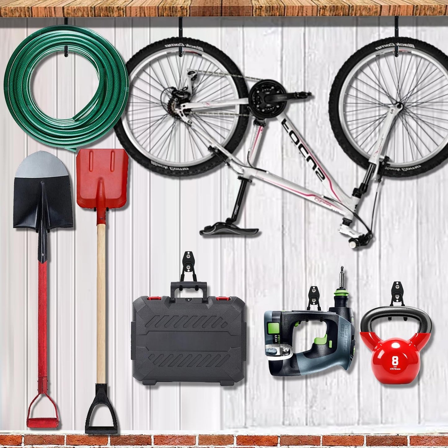 3-H Weed Eater Hanger 4 Pack,2 Garden Hose Holder,2 Screw in Hooks,Utility Weedeater Rack,Tool Hangers for Organizing and Hanging Weed Wacker,Leaf Blower,String Trimmer in Garden-VerdiqueGarden