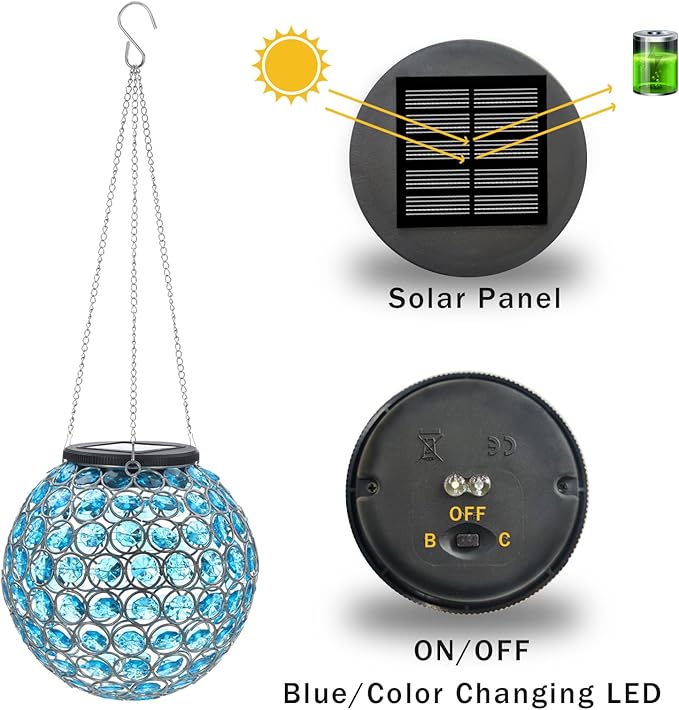 Solar Lantern Hanging Outdoor Christmas Decorative, Dual LEDs Color Changing and Blue Crystal Globe Lamp Hanging Light Waterproof with S Hook Decor in Garden, Pathway, Front Door- Blue-VerdiqueGarden