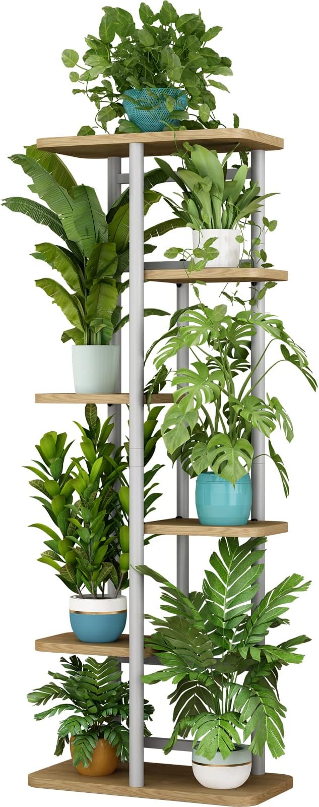 LINZINAR Plant Stand 6 Tier 7 Potted Multiple Flower Pot Holder Shelf Indoor Outdoor Planter Display Shelving for Patio Garden Corner Balcony Living Room (6 Tier-7 Potted, White)-VerdiqueGarden