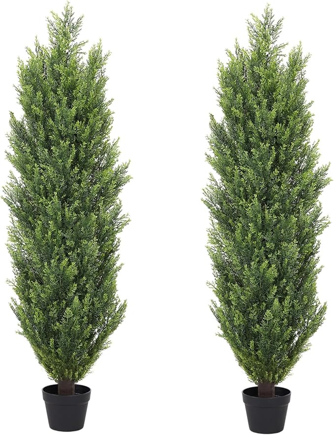 THE BLOOM TIMES 4ft Topiary Trees Artificial Outdoor 2 Pack – UV Resistant Faux Cedar Pine Cypress Bushes and Shrubs, Fake Potted Plants for Front Porch Outside Planter Patio Decor, Set of 2 (4 Foot)-VerdiqueGarden