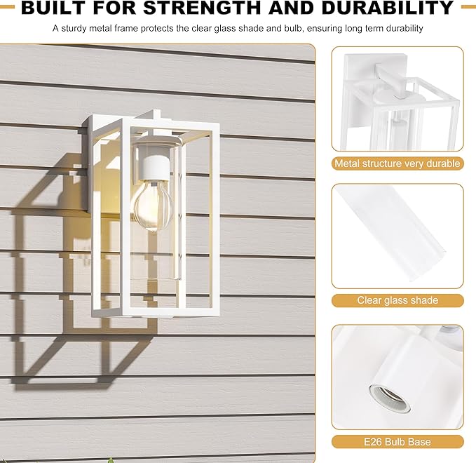 Pia Ricco Outdoor Wall Lights, Outdoor Wall Lantern with Circular Clear Glass Shade, Waterproof Exterior Lighting Fixtures, Modern Front Porch Lighting for House, Garage, E26 Base, ETL Listed, White-VerdiqueGarden