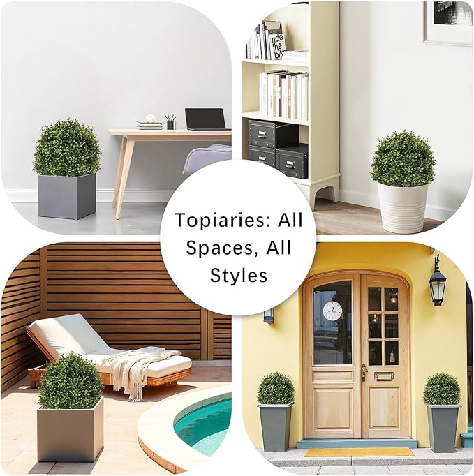 27“ Realistic Artificial Boxwood Topiary Trees Set of 2, Faux Boxwood Plants Outdoor UV-Resistant, No Maintenance Curb Appeal Fake Evergreen Bushes & Shrubs for Front Porch Outside Planter Decor-VerdiqueGarden