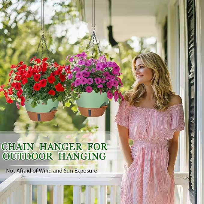 10 Inch Hanging Planters for Indoor Plants, 2 Pack Self Watering Hanging Baskets Flower Pots with Drainage Hole, Visual Reservoir & 2 Kinds of Plant Hanger for Outdoor Garden Home Decor-VerdiqueGarden
