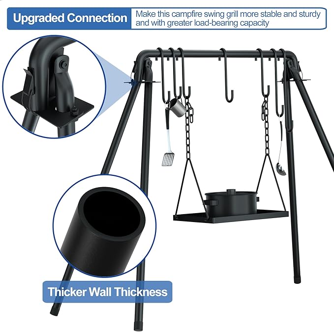 RELIANCER Grill Swing,Campfire Grill Cooking Stand w/8 Hooks & Storage Bag,Cast Iron BBQ Party Swing Grilling Cooking Rack,Outdoor Picnic Camping Cookware Hanging Rack,Collapsible Bonfire Barbecue Set-VerdiqueGarden