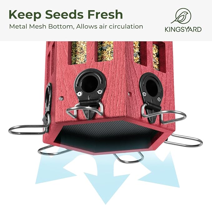Kingsyard Wild Bird Feeder for Outdoor Hanging, Recycled Plastic Bird Feeders with 6 Ports & U-Shape Perch, Garden Yard Outside Decoration, 3.5 lbs Seed Capacity, Red-VerdiqueGarden