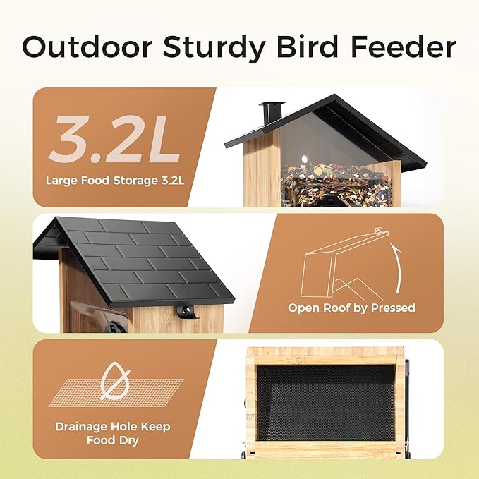 Smart Squirrels-Proof Bird Feeder with Camera Solar Powered, AI Identify Bird Species, Instant Notification Camera, CCPA Data Security, 3.2L Ultra Large Capacity Gift-VerdiqueGarden