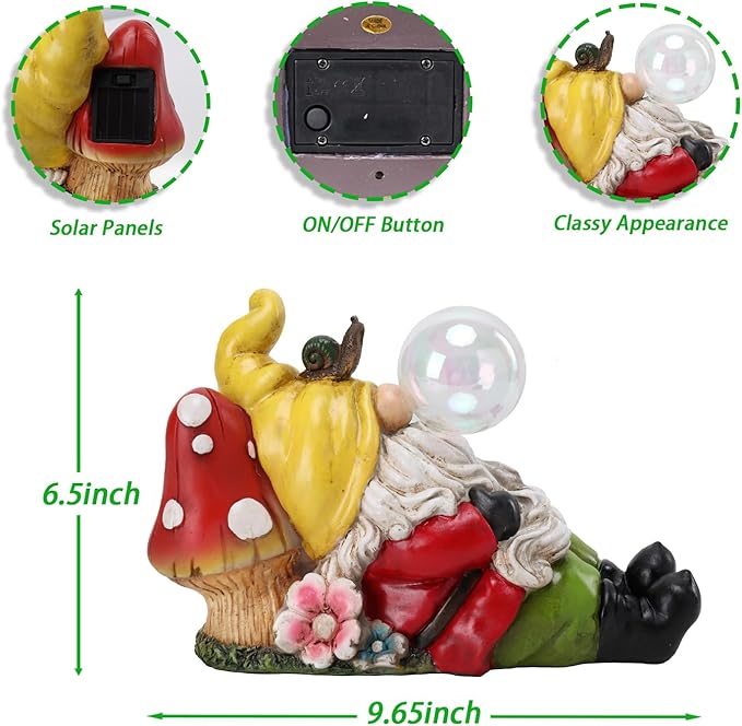 Garden Gnome Statue Outdoor Decor, Funny Gnome Figurine Lying on Mushroom with Crackle Globe Lights, Waterproof Resin Sculptures Lawn Ornament Tabletop Decorations for Porch Yard Decor-VerdiqueGarden