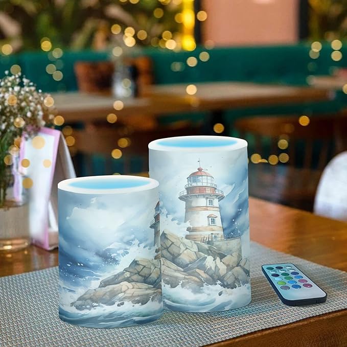 Flickering Flameless Candles, Lighthouse Ocean LED Candles with Remote Timer, Set of 2 Battery Operated Candle for Valentine Wedding Birthday-VerdiqueGarden