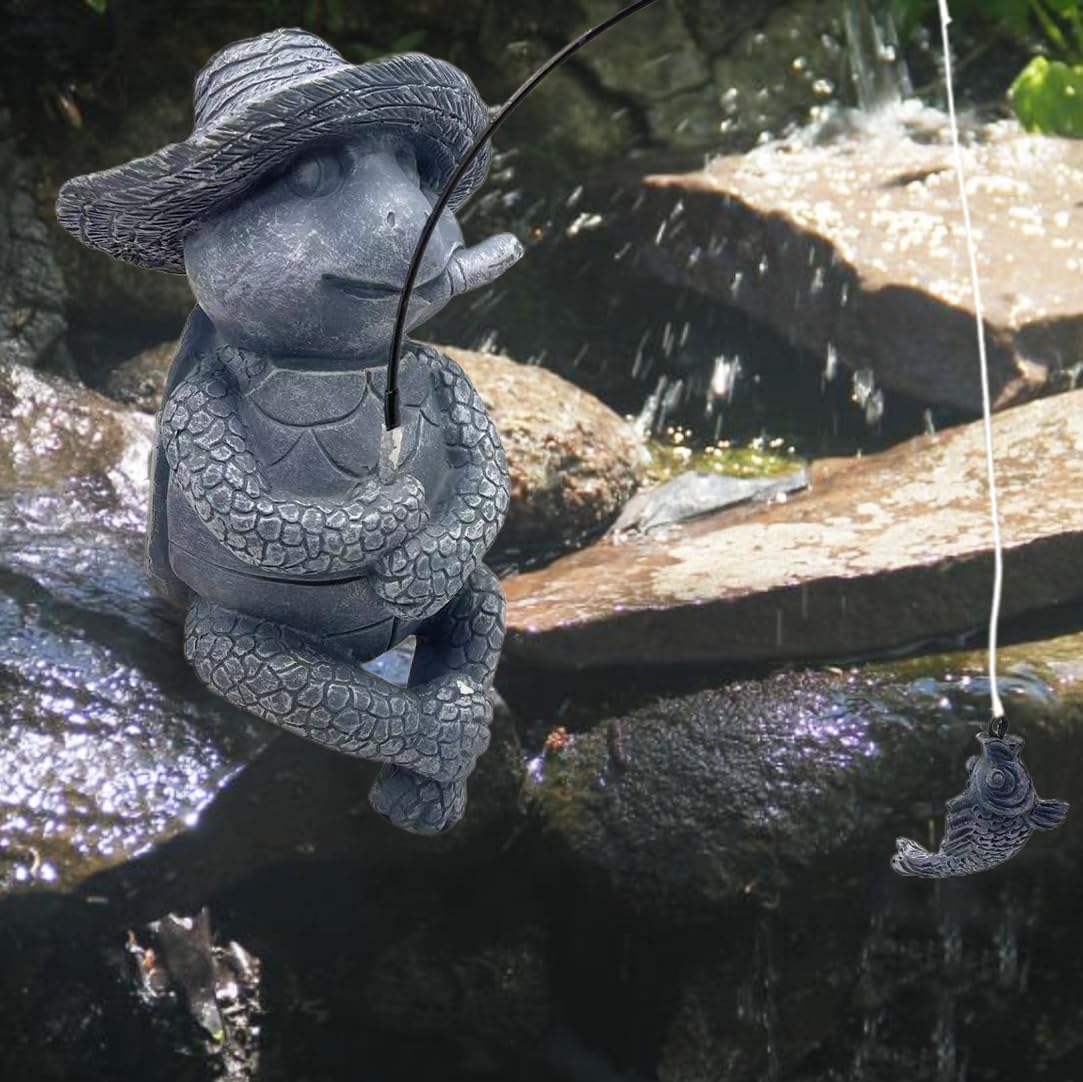 Tortoise Fishing Statue Garden Decor，9.8" Weatherproof Resin Tortoise Fishing Sculpture Decor for Fish Ponds, Koi Ponds, Waterfalls, Poolside Outdoor Gardens Resin Figurine for Indoor Outdoor Décor-VerdiqueGarden