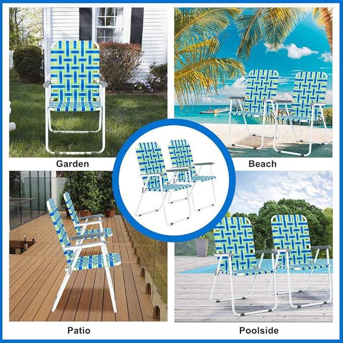 VINGLI Patio Lawn Webbed Folding Chairs Set of 2, Outdoor Beach Portable Lawn Chair Camping Chair Beach Chair for Yard, Garden Dining (Blue, Classic)-VerdiqueGarden
