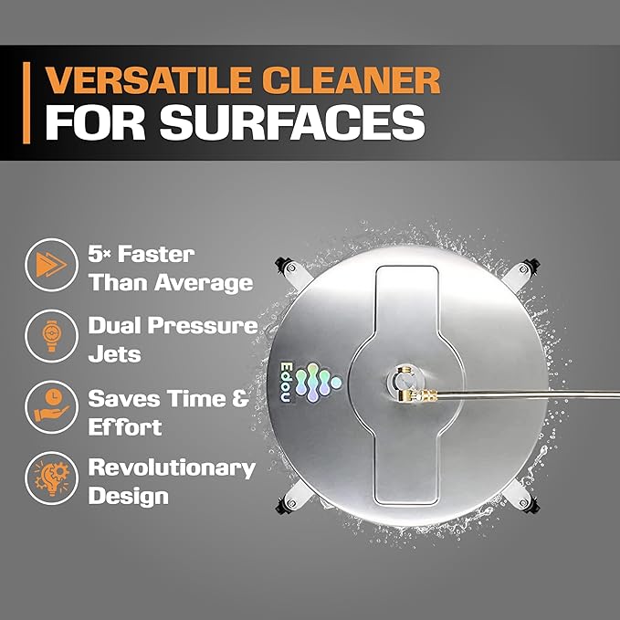 EDOU 18 inch Pressure Washer Surface Cleaner - Stainless Steel Power Washer Attachment - 4,000 PSI Max - Concrete Cleaner with Dual Nozzles and Extension Wands - Silver-VerdiqueGarden