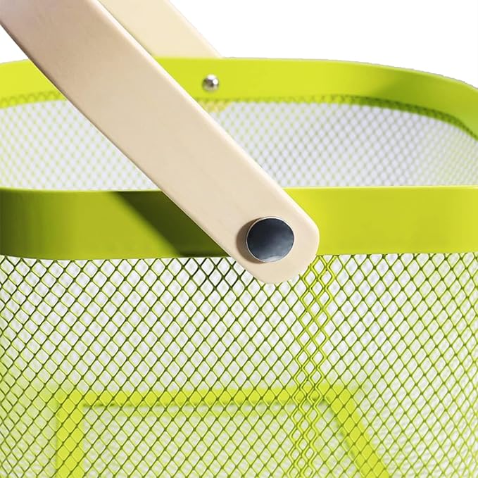 Metal Mesh Steel Basket, Storage Organizer Basket Multi-functional Hanging Kitchen Baskets Fruit Basket with Wooden Handle for Kitchen Bathroom Picnic Shopping Decor Cabinet Home, Macaron Green-VerdiqueGarden