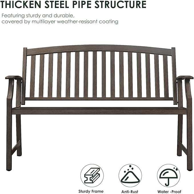 Grand patio Outdoor Bench Garden Bench with Metal Armrests and Seat, Bench with Aluminum Back for Outdoors Lawn Yard Porch, Savannah Gray-VerdiqueGarden