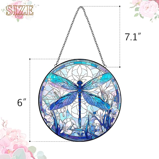 Dragonfly Decor Suncatcher Stained Glass Window Hanging - Handmade Artistic Suncatchers for Windows Hanging - Wall Home Decor Suncatcher with Metal Chain and Hook Gift for Women Mom Home Porch Garden-VerdiqueGarden