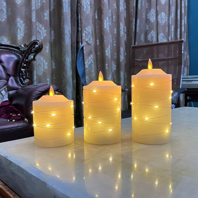 Battery Operated Flameless LED Candles: with Embedded String Lights, 3 Pack Flickering Electric Candle with 10-Key Remote Control for Seasonal Festival Celebration Real Wax(Batteries not Included)-VerdiqueGarden