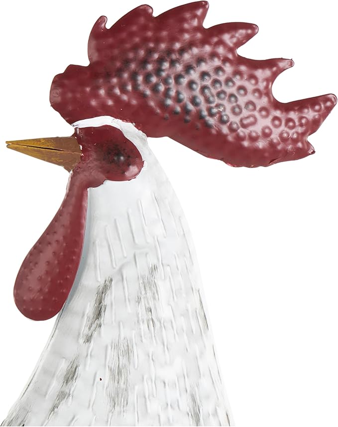 Deco 79 Metal Rooster Decorative Garden Sculpture Garden Statue with Black Texturing and Red Accents, Outdoor Sculpture 15" x 6" x 18", White-VerdiqueGarden