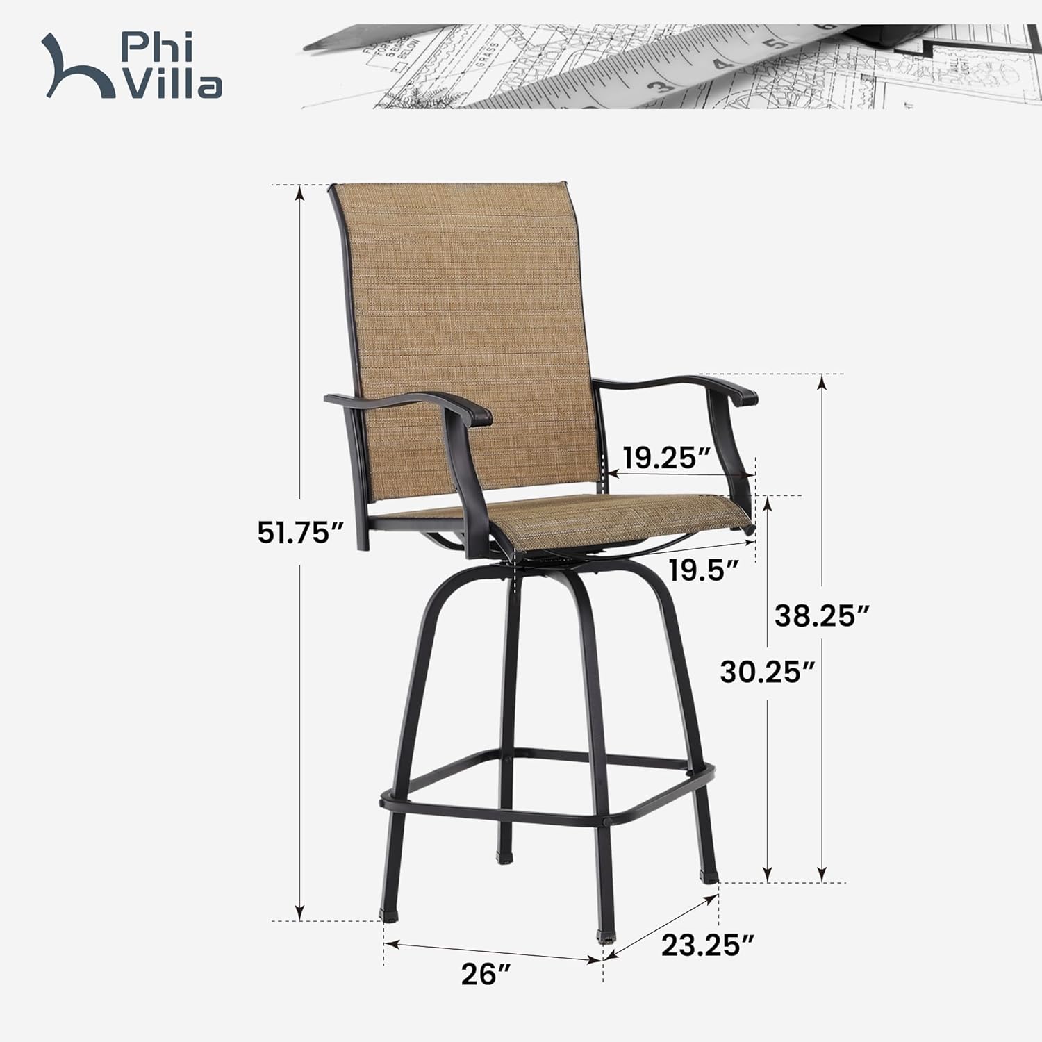 PHI VILLA Outdoor Bar Stools Set of 4, Swivel Patio Bar Stools & Chairs with 30" Seat Height & Brown Textilene Backrest, Tall Outdoor Chairs Bar Funiture for Outside, Porch and Yard-VerdiqueGarden