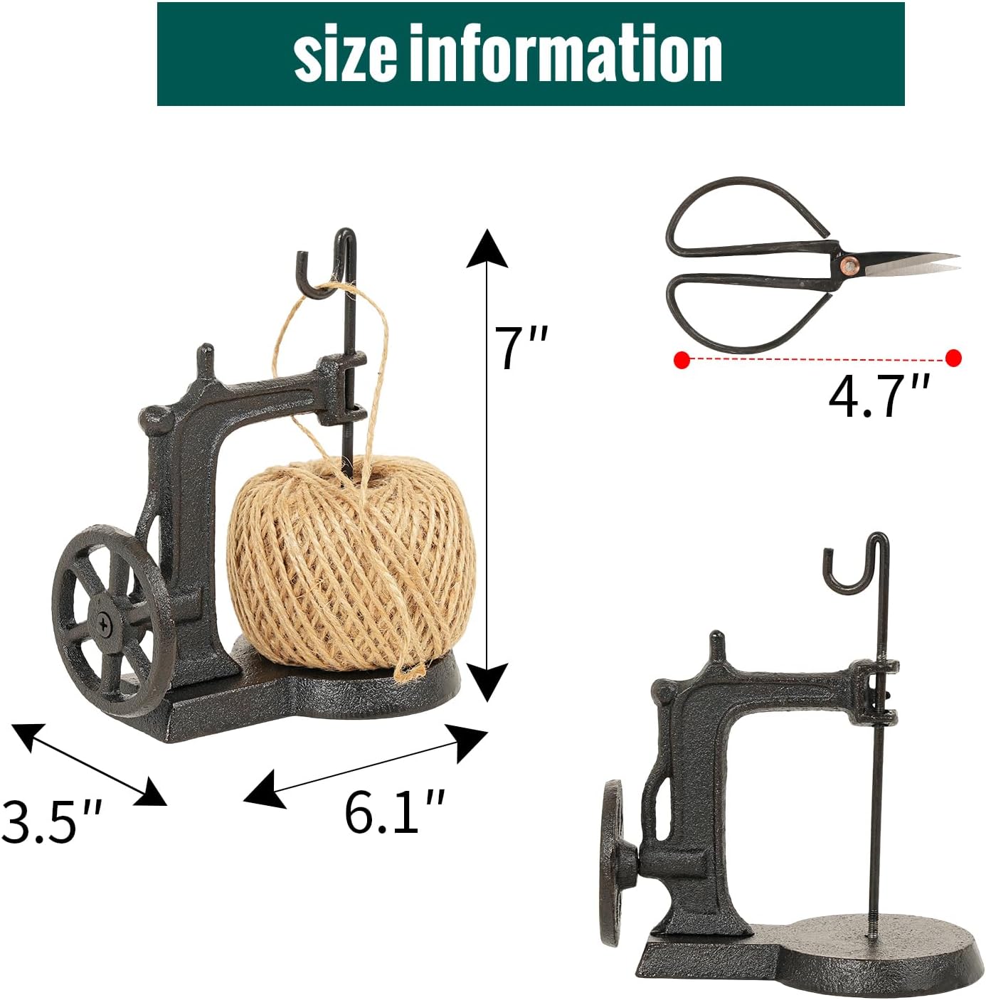 Sungmor Cast Iron Twine Holder and Scissors Set, Vintage Jute Twine Garden String Holder, Decorative Twine Dispenser with Cutter for Crafting, Gardening, Gift Wrapping, Sewing Machine Shape-VerdiqueGarden