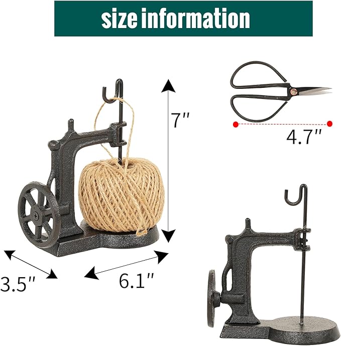 Sungmor Cast Iron Twine Holder and Scissors Set, Vintage Jute Twine Garden String Holder, Decorative Twine Dispenser with Cutter for Crafting, Gardening, Gift Wrapping, Sewing Machine Shape-VerdiqueGarden