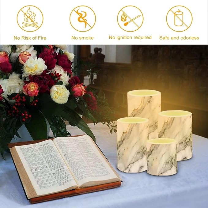 Flameless LED Candles Electric Candles with Remote Timer Control Color Changing Long Lasting Pillar Candles Tealights for Home Indoor Outdoor Decoration Pack of 4, Grey White Marble-VerdiqueGarden