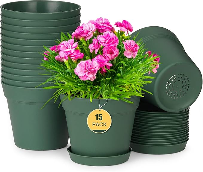 Homenote Plant Pots,15 Pack 6 inch Flower Pots with Multiple Drainage Holes and Saucers,Plastic Planters for All Home Garden Flowers Succulents(Green)-VerdiqueGarden