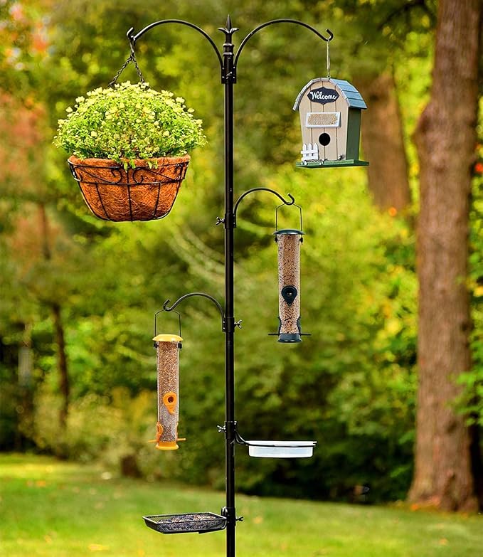 Premium Bird Feeding Station with 2 Bird Feeders Included for Outside - Multi Feeder Pole Stand Kit with 4 Hangers, Bird Bath and 5 Prong Base for Attracting Wild Birds - 22 Inch Wide x 91 Inch Tall-VerdiqueGarden